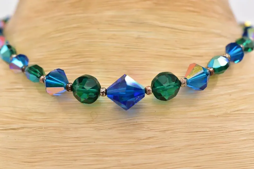 Vintage Blue Green Crystal Choker Necklace Sparkling Beaded Chunky 1960s BinBM